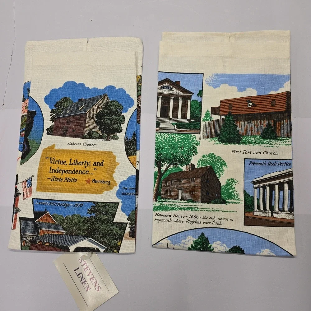 Vintage Kay Dee Stevens Linen‎ Souvenir Towels Plymouth MA Pennsylvania Set of 2